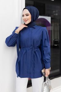 Pile Detay Önü Gizli Düğmeli Gömlek Lacivert