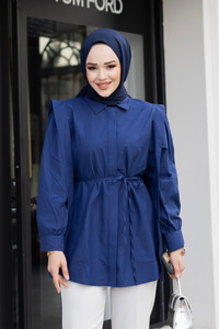 Pile Detay Önü Gizli Düğmeli Gömlek Lacivert