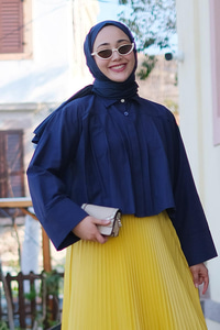 Pile Detay Önü Gizli Düğmeli Gömlek Lacivert