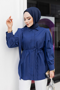 Pile Detay Önü Gizli Düğmeli Gömlek Lacivert