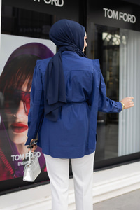 Pile Detay Önü Gizli Düğmeli Gömlek Lacivert