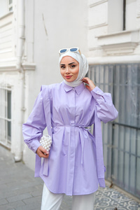 Pile Detay Önü Gizli Düğmeli Gömlek Lila