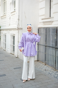 Pile Detay Önü Gizli Düğmeli Gömlek Lila