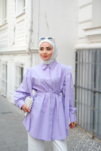 Pile Detay Önü Gizli Düğmeli Gömlek Lila