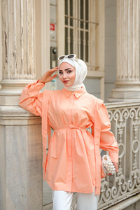 Pile Detay Önü Gizli Düğmeli Gömlek  Somon