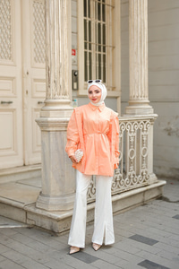 Pile Detay Önü Gizli Düğmeli Gömlek Somon