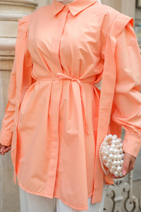 Pile Detay Önü Gizli Düğmeli Gömlek  Somon