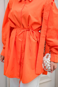 Pile Detay Önü Gizli Düğmeli Gömlek Turuncu