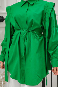 Pile Detay Önü Gizli Düğmeli Gömlek Yeşil