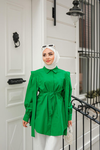 Pile Detay Önü Gizli Düğmeli Gömlek Yeşil