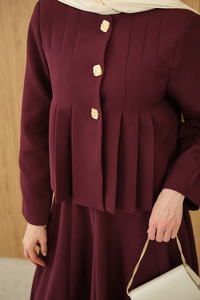 Pile Detaylı Gold Düğme Detay Etekli Takım Bordo