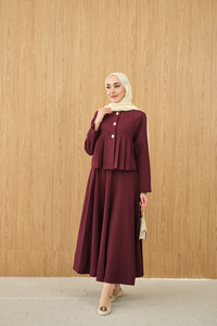 Pile Detaylı Gold Düğme Detay Etekli Takım Bordo