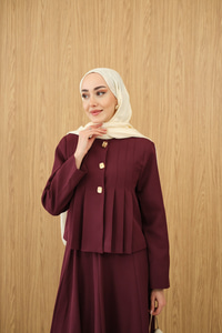 Pile Detaylı Gold Düğme Detay Etekli Takım Bordo