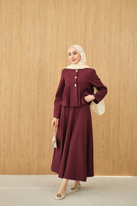 Pile Detaylı Gold Düğme Detay Etekli Takım Bordo