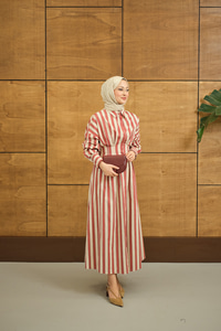 Pile Detaylı Gömlek Elbise Kiremit