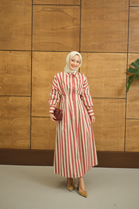 Pile Detaylı Gömlek Elbise Kiremit