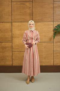 Pile Detaylı Gömlek Elbise Kiremit