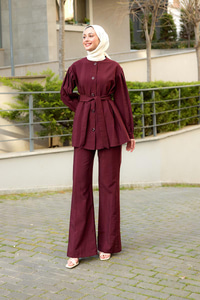 Pile Detaylı Kuşaklı İkili Takım Bordo