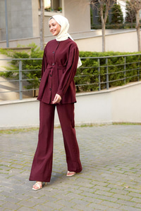 Pile Detaylı Kuşaklı İkili Takım Bordo