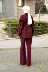 Pile Detaylı Kuşaklı İkili Takım Bordo