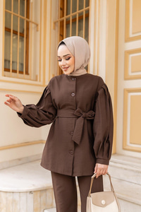 Pile Detaylı Kuşaklı İkili Takım  Kahverengi