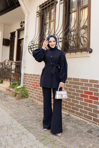 Pile Detaylı Kuşaklı İkili Takım  Lacivert