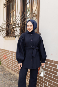 Pile Detaylı Kuşaklı İkili Takım  Lacivert