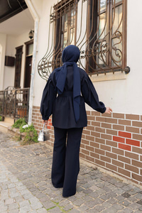 Pile Detaylı Kuşaklı İkili Takım  Lacivert