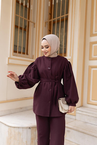 Pile Detaylı Kuşaklı İkili Takım  Mürdüm