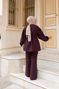 Pile Detaylı Kuşaklı İkili Takım  Mürdüm