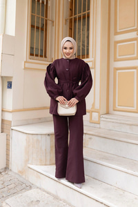 Pile Detaylı Kuşaklı İkili Takım  Mürdüm