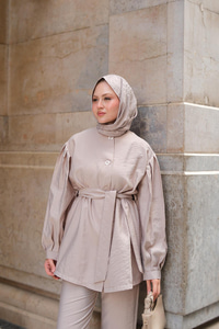 Pile Detaylı Kuşaklı İkili Takım  Pudra