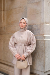 Pile Detaylı Kuşaklı İkili Takım  Pudra