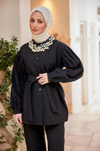 Pile Detaylı Kuşaklı İkili Takım Siyah