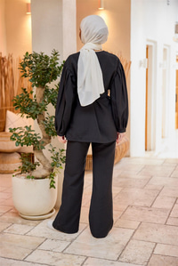 Pile Detaylı Kuşaklı İkili Takım Siyah