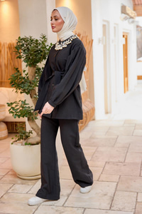 Pile Detaylı Kuşaklı İkili Takım Siyah