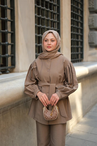 Pile Detaylı Kuşaklı İkili Takım Sütlü Kahve