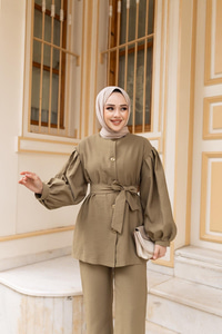 Pile Detaylı Kuşaklı İkili Takım  Yeşil