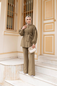 Pile Detaylı Kuşaklı İkili Takım  Yeşil