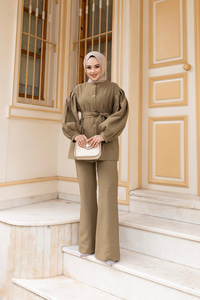 Pile Detaylı Kuşaklı İkili Takım  Yeşil