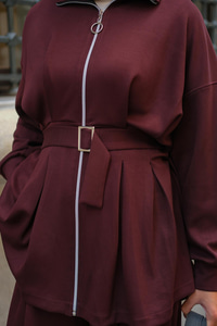 Pile Detaylı Tokalı Takım Bordo