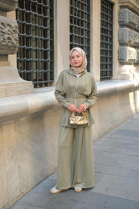 Pile Detaylı Tokalı Takım Fıstık Yeşil