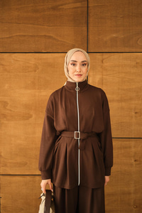 Pile Detaylı Tokalı Takım Kahverengi