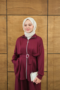 Pile Detaylı Tokalı Takım Mürdüm