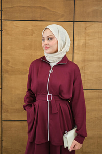 Pile Detaylı Tokalı Takım Mürdüm