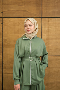 Pile Detaylı Tokalı Takım Yeşil