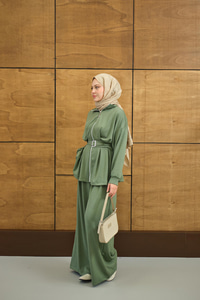 Pile Detaylı Tokalı Takım Yeşil