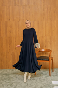 Pile Dikiş Detay Elbise Lacivert