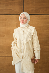 Pile Ve Brode Detay Gömlek Krem