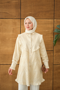 Pile Ve Brode Detay Gömlek Krem